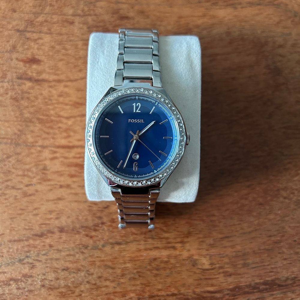 Fossil Silver Watch with Blue Dial and Free Travel Case